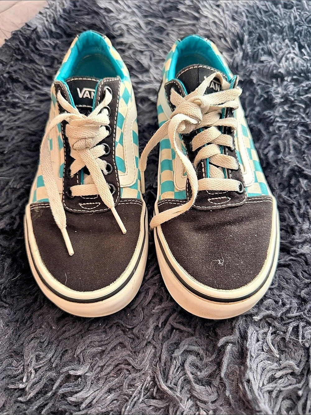 Vans Old Skool Checkered Aqua Sky Black Checkerboard Sneakers in Black & Green